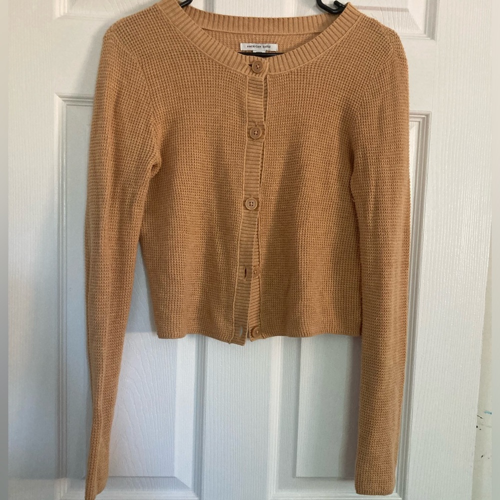 AmericanEagle waffle cropped lightweight cardigan crewneck gold/yellow medium